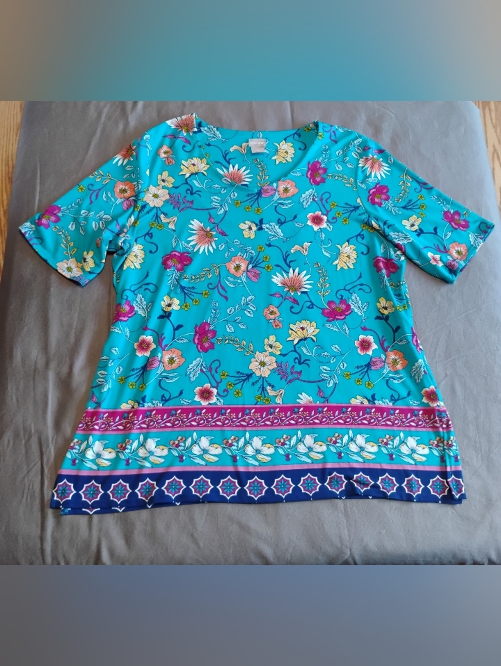 Chicos Turquoise Flower Print Shirt